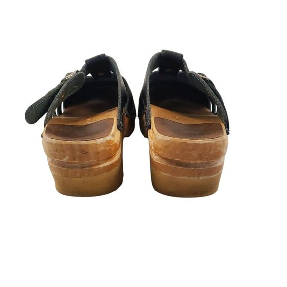Troentorp Swedish Leather Clogs Black Cut-Out Wood Sole Sandals Size 36 - Picture 6 of 10